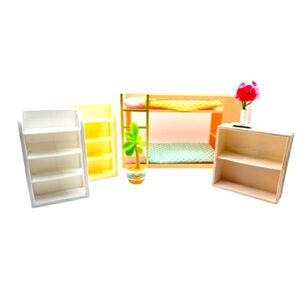Lori Dollhouse Doll Bed + Misc Furniture Lot Bunk Bed Shelves Plant 6 Inch Doll